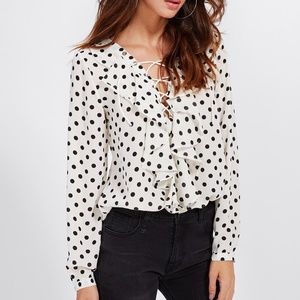 Polka Dot Lace Up Ruffle Blouse - BRAND NEW